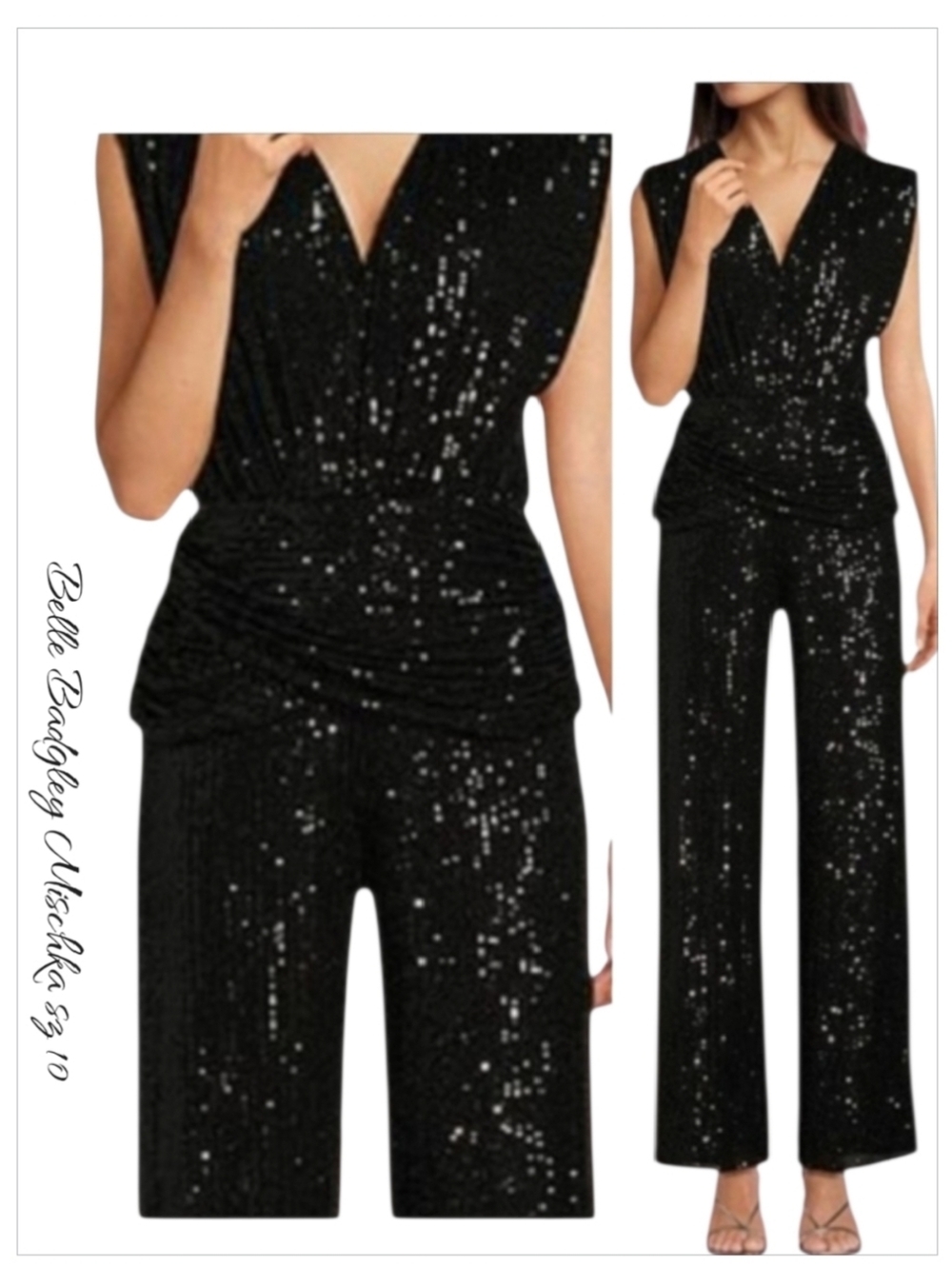 Belle Badgley Mischka Indie Sequin Wide Leg Jumpsuit 10 NWT